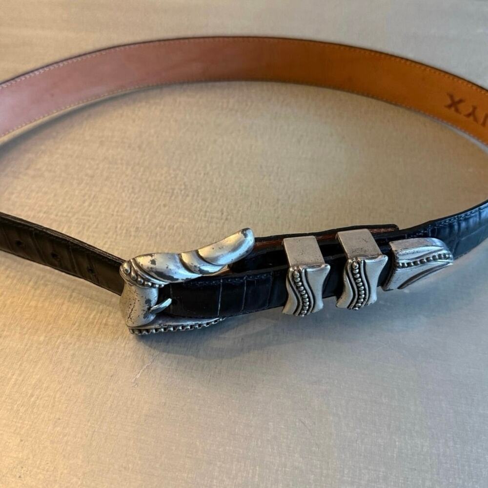 Vintage ONYX Brighton Black Croc-embossed Leather Belt Ranger Buckle Set Size 30